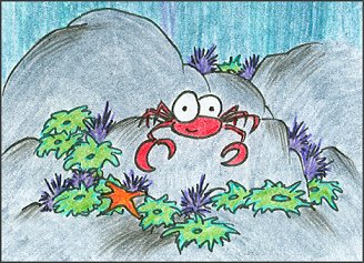 a cartoon crab with some anemones and purple urchins
