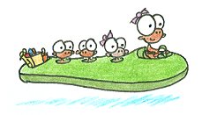 a cartoon family of monkeys riding in a hovercar