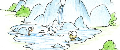 a cartoon monkey and a snake swimming