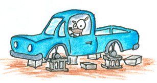 a cartoon dog trying to drive a truck with no wheels