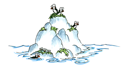 a drawing of cartoon puffins nesting on a rock