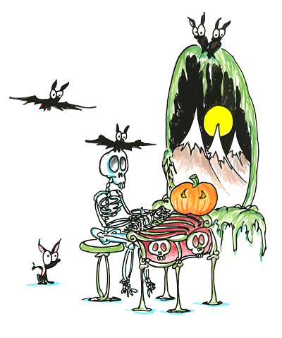 cartoon skeleton playing an organ for some bats on halloween night