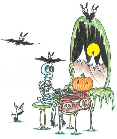 cartoon skeleton playing an organ for some bats on halloween night