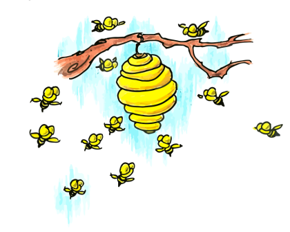 cartoon bees swarming around a bee hive