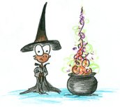 cartoon monkey witch and a bubbling evil cauldron
