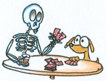 halloween illustration of a dog and a skeleton playing cards