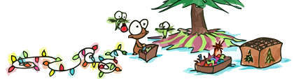 cartoon monkey and a hummingbird getting out the christmas tree decorations