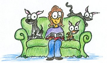 cartoon petsitting logo with a petsitter on a couch with a dog and two cats