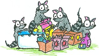 cartoon raccoons getting into some food in a campsite