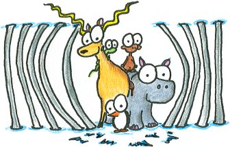 drawing of animals breaking out of the zoo (specifically, a hippo, penguin, ibex, and small green lizard)