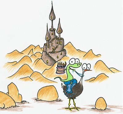 drawing of cartoon alligator in the desert riding an ostrich and holding a birthday cake