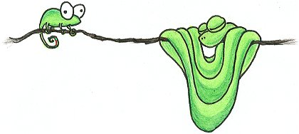drawing of cartoon chameleon and a green tree snake asleep