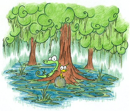 an alligator and a yellow cat sitting under a tree in a swamp