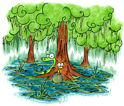 an alligator and a yellow cat sitting under a tree in a swamp