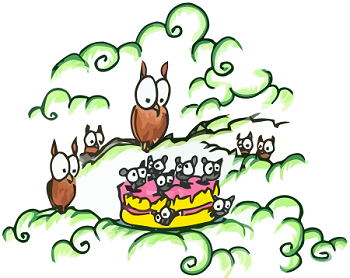 cartoon owls celebrating a birthday with a birthday cake full of mice happy birthday