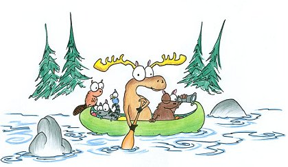 a cartoon bear, moose, raccoon, jay, and beaver exploring in a canoe