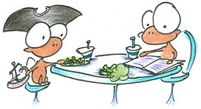 a cartoon pirate monkey and his mother having broccoli and peas for lunch
