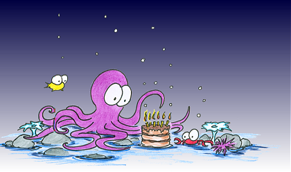 a cartoon birthday party for an octopus, with crab, fish, anemone, and urchin