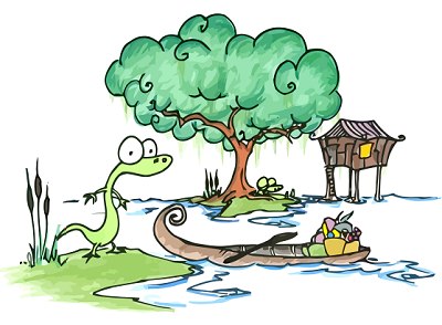a cartoon alligator and his boat, in a swamp with another alligator who lives in a house on stilts