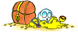 a skull sitting on a pile of treasure next to a pirate's treasure chest