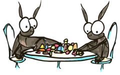 2 cartoon bats divvying up the halloween candy after trick-or-treating