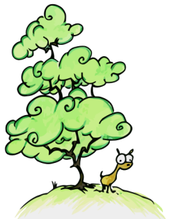 a cartoon illustrated llama standing under a tall tree