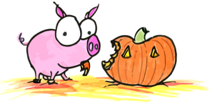 a pig eating a halloween jack-o-lantern pumpkin