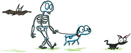 a cartoon skeleton walking with his ghost dog, black cat, and pet bat