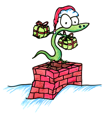 a cartoon alligator wearing a santa hat standing on a chimney with presents