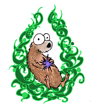 a cartoon sea otter in a circle of kelp logo