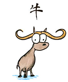 a cartoon drawing of an ox, the second animal of the chinese zodiac, the year of the ox, chinese character for ox