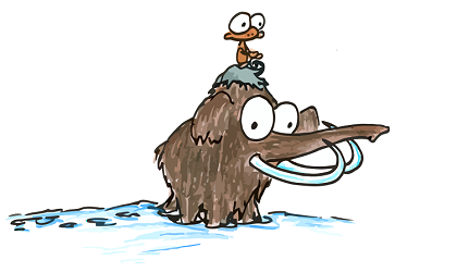 a cartoon drawing of a monkey riding a woolly mammoth, for free use in a book report or facebook page