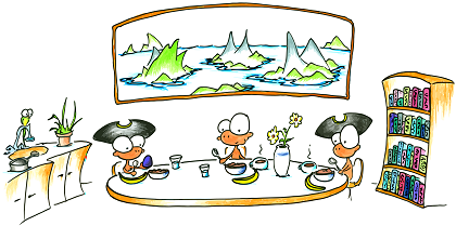a cartoon drawing of monkey pirates eating breakfast from The Brave Monkey Pirate children's story