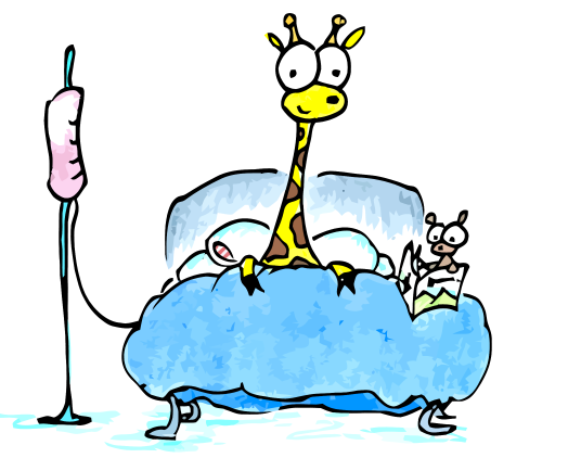 drawing of a giraffe in a hospital bed getting well