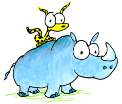 a cartoon illustration of a leopard sitting on a rhino's back