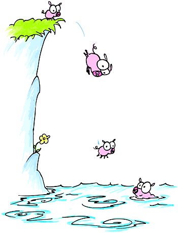 a cartoon illustration of pink pigs jumping off a cliff and swimming