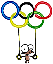 a cartoon olympics logo of a monkey at the 2008 olympics in China on those rings they hang from and flip around on