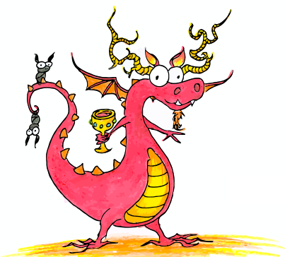 a cartoon red dragon with antlers and bats on his tail for halloween