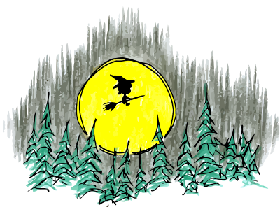 a cartoon monkey witch flying past the moon on halloween night