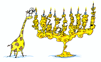 cartoon animal menorah with a penguin and giraffe lighting the candles