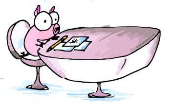 cartoon pink pig sitting in her school desk