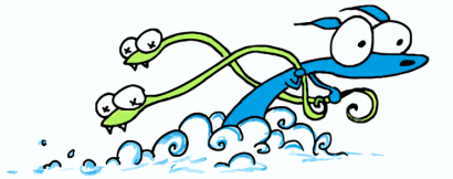 cartoon blue mongoose with two snakes