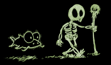 cartoon skeleton walking with his ghost catfish