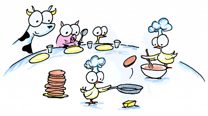 cartoon chickens making pancakes for mother's day