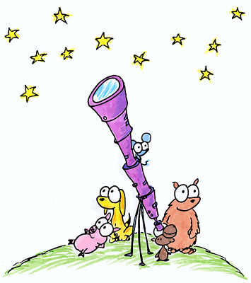 illustration of a monkey, pig, yellow dog, mouse, and bear looking through a telescope at stars for an astronomy program