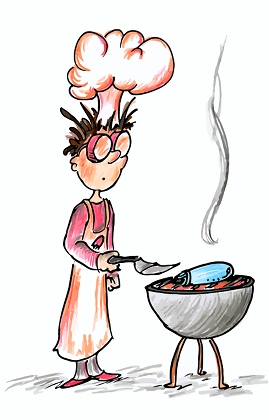cartoon illustration of someone standing at a grill cooking a tube