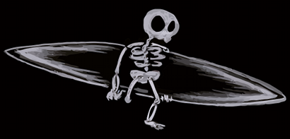 cartoon illustration of a skeleton with a surfboard and one leg