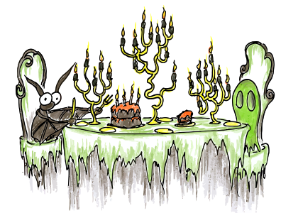 cartoon drawing of a bat and a ghost having halloween cake at a table with candles in candelabras