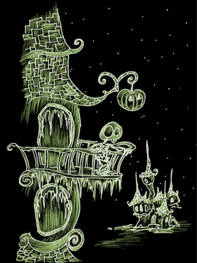 cartoon drawing of a skeleton standing on a balcony with a pumpkin light