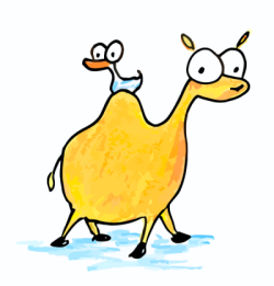 cartoon illustration of a duck sitting on a camel's back